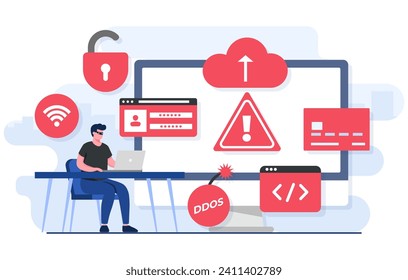 Cybercrime flat illustration concept, Fraud scam, Hacker steal private data on device, Internet fraud, Online phishing, Bulgar steal, Malware, password phishing, DDOS attack, Credit card scam