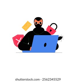 Cybercrime Hacker With Laptop In Flat Vector Illustration Symbolizing Digital Threats, Online Fraud, And Data Breaches, Isolated On White Background.