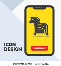 Cybercrime, horse, internet, trojan, virus Glyph Icon in Mobile for Download Page. Yellow Background