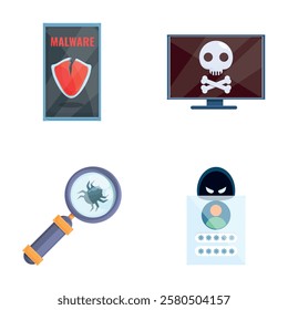 Cybercrime icons set cartoon vector. Computer bug, mobile spam and cyber attack. Internet security