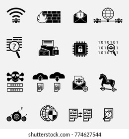 Cybercrime internet network security black and white icon. Vector illustration cyber crime online security concept.