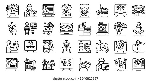  Cybercrime investigation icons set. Protecting sensitive information from cyber threats through robust security measures and proactive defense strategies
