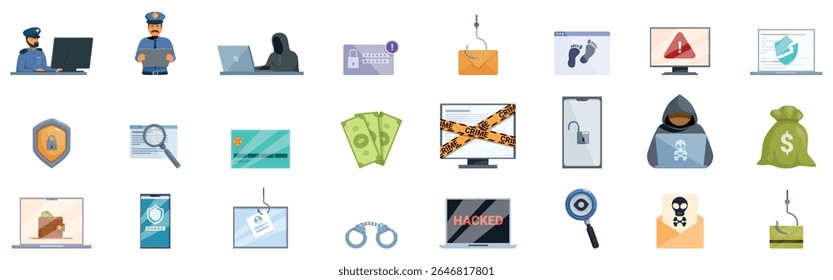  Ícones de investigação de crimes cibernéticos definidos. Ícones que representam segurança cibernética, fraude on-line e medidas de prevenção de crimes cibernéticos, destacando ameaças digitais e estratégias de proteção