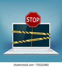 Cybercrime. Laptop screen with warning tape and road sign stop. Stock vector illustration.