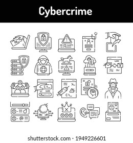 Cybercrime line black icons set. Isolated vector element. Outline pictograms for web page, mobile app, promo. Editable stroke.