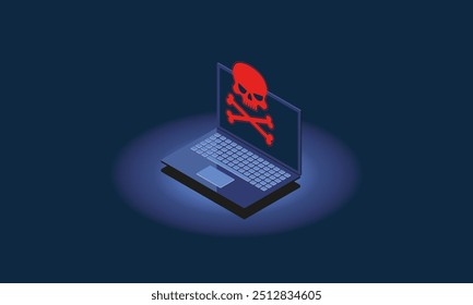 Cybercrime or malware. Laptop with bright red skull and crossbones symbol as a warning of cybercrime and malware in front of dark blue background. Isometric vector illustration.