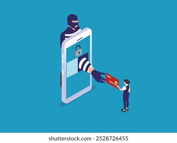 Cibercrime e conceito de fraude on-line com Hacker Roubando informações de cartão de crédito 3d ilustração vetor isométrica
