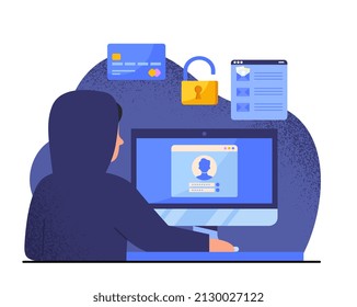 Cybercrime and phishing abstract concept. Hacker steals personal data, bank passwords, credit cards and documents. Crime and theft on social networks and Internet. Cartoon flat vector illustration