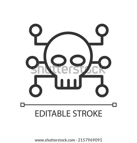 Cybercrime pixel perfect linear icon. Criminal and illegal activity. Malicious computer network attack. Thin line illustration. Contour symbol. Vector outline drawing. Editable stroke. Arial font used