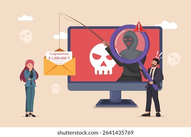 Cybercrime Prevention: Business Man Investigating Online Scams and Phishing Attacks with Magnifying Glass, Woman Contemplating a Deceptive Prize Email.
