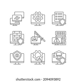 Cybercrime and its prevention linear icons set. Phishing and Dos attack. Cybersecurity methods. Customizable thin line contour symbols. Isolated vector outline illustrations. Editable stroke