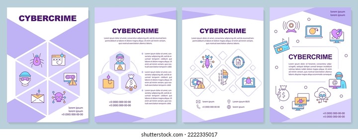 Cybercrime purple brochure template. Digital attacks hazard. Leaflet design with linear icons. Editable 4 vector layouts for presentation, annual reports. Arial-Black, Myriad Pro-Regular fonts used