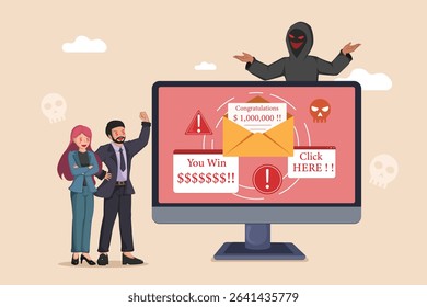 Cybercrime Scam Alert: Hacker Celebrating Above a Computer Screen Displaying Deceptive "You Win" and "Congratulations" Pop-ups, Targeting Unsuspecting Users.