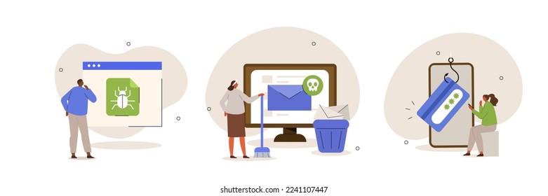 
Cybercrime set. Characters loss of credit card pin and other personal data, get spam mail with virus. Phishing, data breach and information leakage concept. Vector illustration.