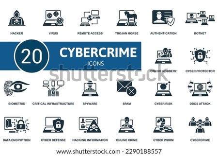 Cybercrime set. Creative icons: hacker, virus, remote access, trojan horse, authentication, botnet, online robbery, cyber protector, biometric, critical infrastructure, spyware, spam, cyber risk, ddos