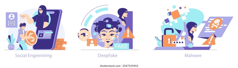 Conjunto de ciberdelitos. Amenazas a la seguridad digital con ingeniería social, tecnología falsa profunda y ataques de malware. Fraude en línea, prevención del robo de identidad y protección de datos. Ilustración vectorial.