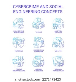 Cybercrime and social engineering blue gradient concept icons set. Digital safety. Hacker attacks idea thin line color illustrations. Isolated symbols. Roboto-Medium, Myriad Pro-Bold fonts used