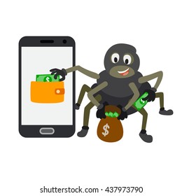 cybercrime. virus steals money from a purse on the phone. a thief steals money from your phone. Spider mask stealing money on a white background