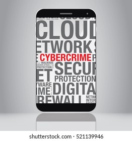Cybercrime word cloud on mobile phone screen, vector concept