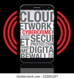Cybercrime word cloud on mobile phone screen, vector concept