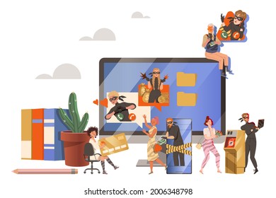 Cybercriminal Committing Network and Computer Crime Harming Security and Financial Health Vector Illustration
