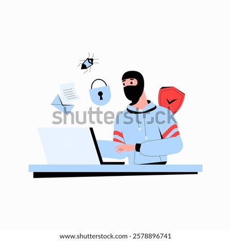 Cybercriminal Hacking Laptop, Data Theft, And Online Fraud In Flat Vector Illustration Symbolizing Cybercrime, Digital Threats, And Hacking Risks, Isolated On White Background.
