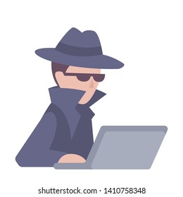 Cybercriminal with hat and black glasses. A man sits at a laptop and commits a crime on the Internet. Vector on white background in flat style.