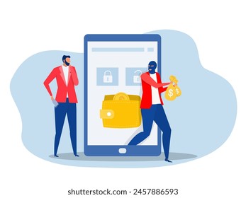 Cybercriminal ,Masked thief with stolen money runs out of the phone. Cyber attack, ,Hacked lock and bad antivirus. Flat vector cartoon illustration concept.