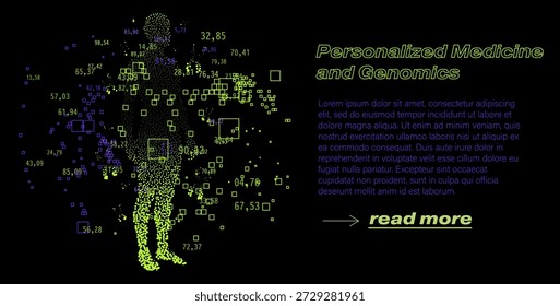 Cyber-futuristic data-pointillism vector illustration representing a personalized human genome map. Concept for personalized medicine, genomics-driven healthcare, precision therapy and individual DNA profiling themes.