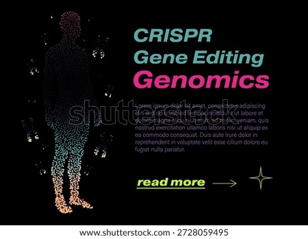Cyber-futuristic pointillism vector illustration of a full-body human form made of DNA-like data points. Concept for CRISPR gene editing, advanced genomics, and personalized human genome transformation themes.