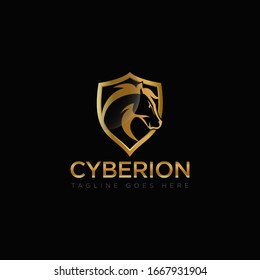 Logo de Cyberion, con caballo de punta y vector de protección