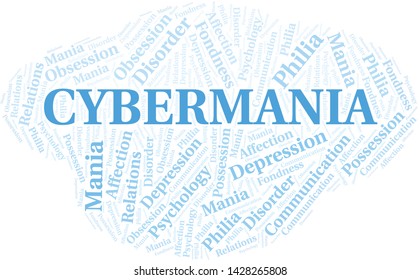 Cybermania word cloud. Type of mania, made with text only.