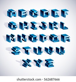 Cybernetic 3d alphabet letters, pixel art vector digital typescript. Pixel design elements, contemporary dotted font made in technology style.