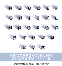 Cybernetic 3d alphabet letters, pixel art vector digital typescript. Pixel design elements, contemporary dotted font made in technology style.