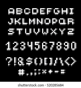 Cybernetic 3d numbers, letters and punctuation marks, pixel art vector numeration. Pixel design elements, contemporary digital typescript made in technology style.