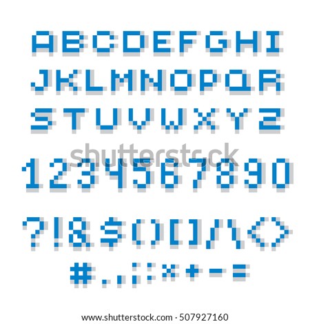 Cybernetic 3d numbers, letters and punctuation marks, pixel art vector numeration. Pixel design elements, contemporary digital typescript made in technology style.