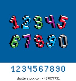 Cybernetic 3d numbers, pixel art vector numeration. Pixel design elements, contemporary dotted digits made in technology style.