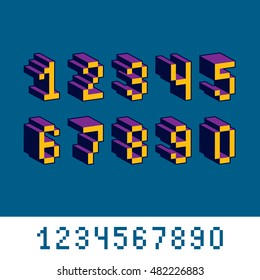 Cybernetic 3d numbers, pixel art vector numeration. Pixel design elements, contemporary dotted digits made in technology style.

