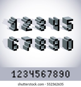 Cybernetic 3d numbers, pixel art vector numeration. Pixel design elements, contemporary dotted digits made in technology style.