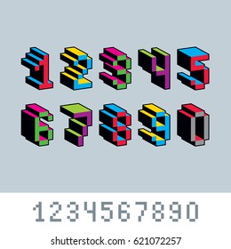 Cybernetic 3d numbers, pixel art vector numeration. Pixel design elements, contemporary dotted digits made in technology style.