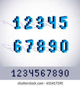 Cybernetic 3d numbers, pixel art vector numeration. Pixel design elements, contemporary dotted digits made in technology style.