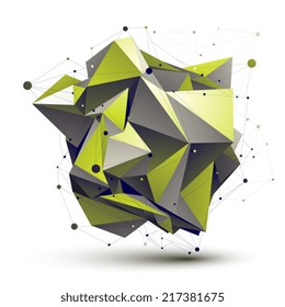 Cybernetic asymmetric stylish construction, light green abstract dimensional figure with lines mesh.