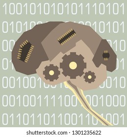 Cybernetic brain with chips and gears on the background of binary code