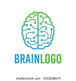 Cybernetic brain microchip logo. Artificial intelligence emblem. Digital electronic robot brain.	
