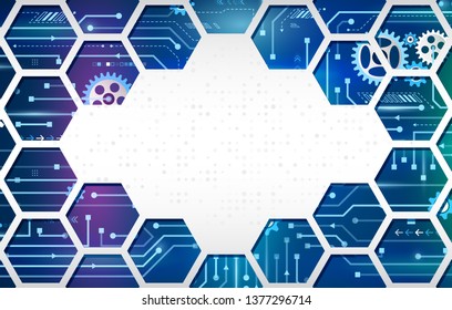 Cybernetic circuit board vector illustration. Futuristic composition for your text. Abstract technology background with hexagons and gear wheels, hi-tech elements.