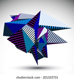 Cybernetic contrast element constructed from geometric figures with parallel lines. Purple misshapen striped sharp object for technology projects and graphic design.