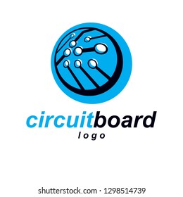 Cybernetic element. Vector abstract circular circuit board illustration. Technology microchip logo.