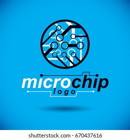 Cybernetic element. Vector abstract circular circuit board illustration. Technology microchip logo.