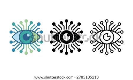 Cybernetic eye with circuit board lines. Visual sensors for machine learning and artificial intelligence. Digital surveillance and bionic vision technology concept.