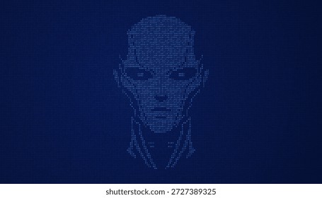 Face cibernética criada com zeros e uns em um padrão de matriz no fundo tecnológico azul